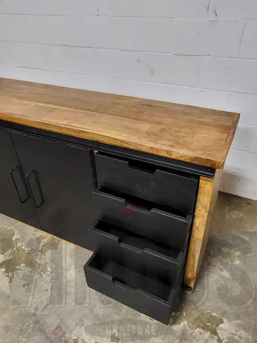 Mango wood sideboard with double sliding steel doors and black drawers