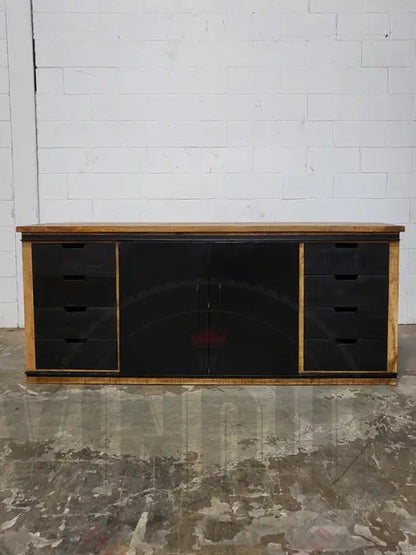 Mango wood sideboard with double sliding steel doors and black drawers