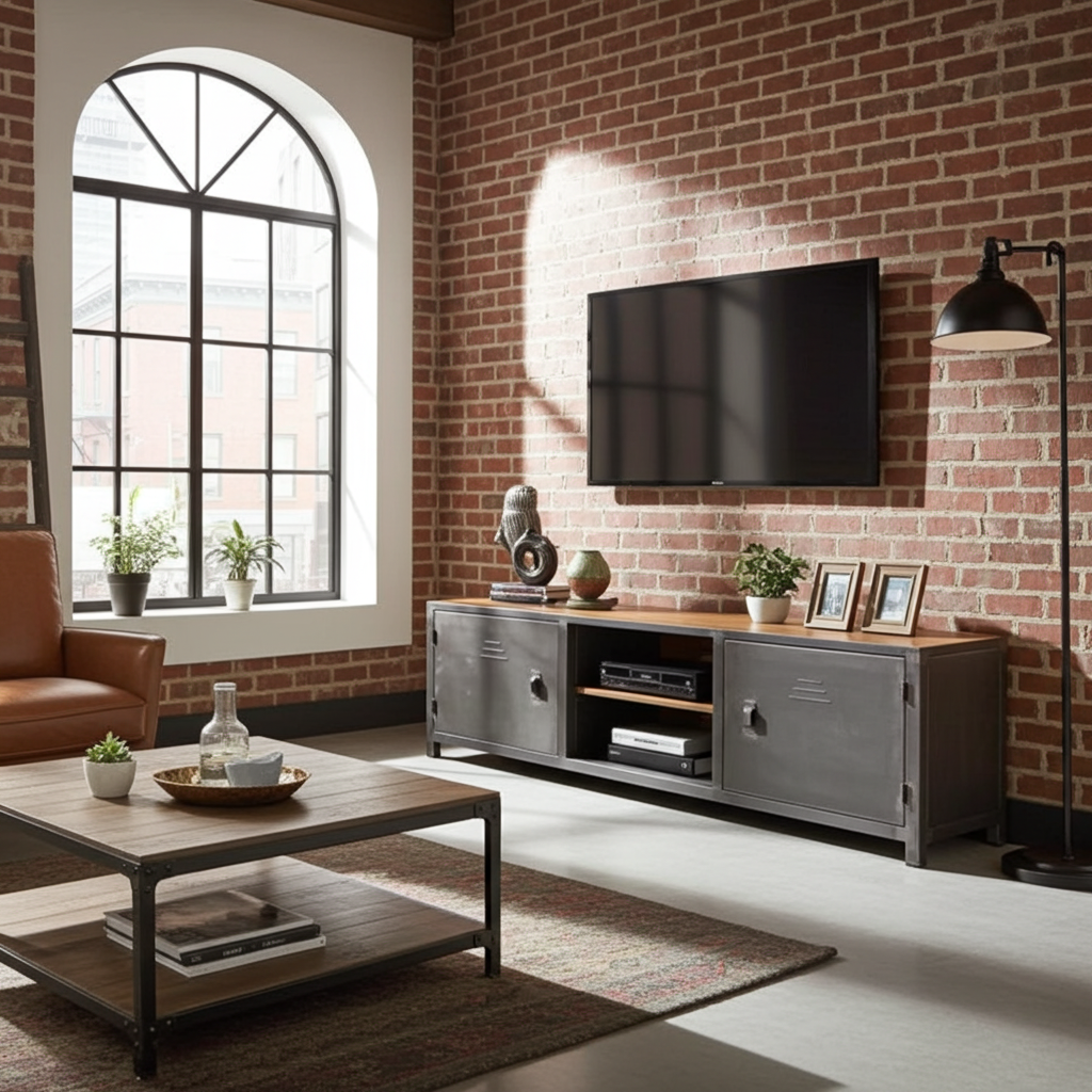 Meuble télé industriel bois antique et acier avec 2 portes style casier