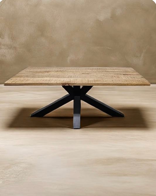 Table à diner patte Spider noir mat avec plateau en bois de manguier extensible