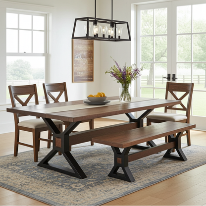 Matte black X-leg dining table with brown acacia top and 1 matte black X-leg bench in brown acacia wood