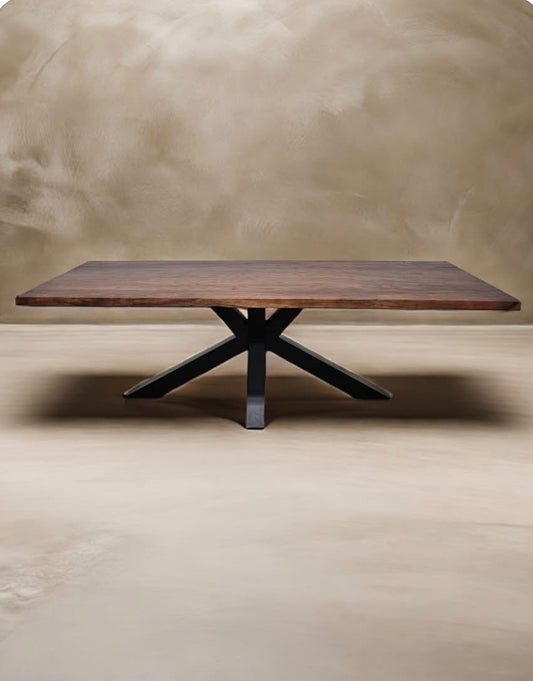 Table à diner patte Spider noir mat avec plateau en bois d'acacia brun