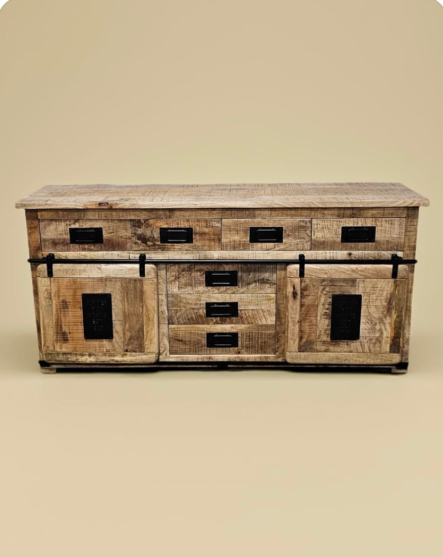 Farmhouse sideboard in raw mango wood with sliding doors and 4 drawers