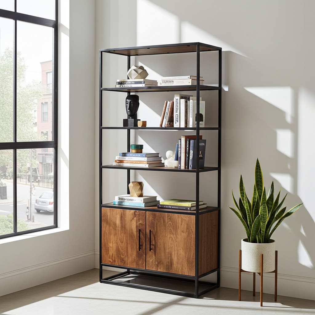 Acacia wood shelf with 2 doors on a black steel structure
