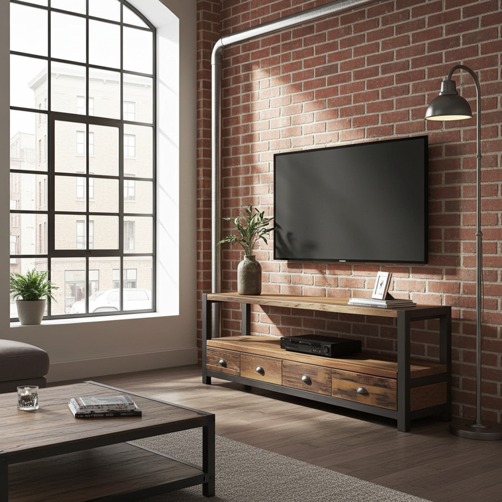 Meuble tv industriel bois Recyclé et acier avec 4 tiroirs