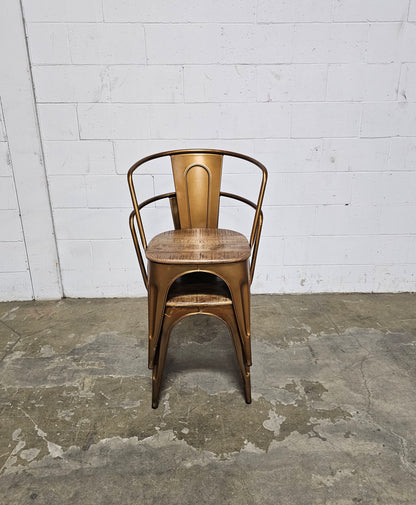 Set of 2 Industry Chairs in Gold Steel and Mango Wood Seat