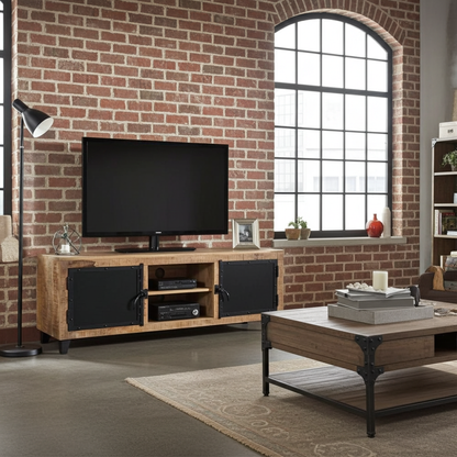 Mango wood TV cabinet with black steel door