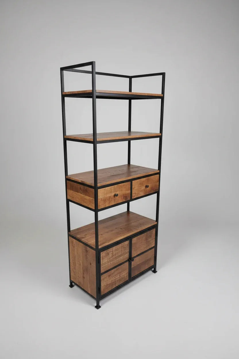 Industrial style shelf in mango wood and black steel with 2 Industrial style shelf in mango wood and black steel with 2
