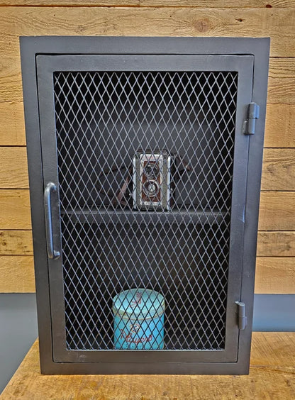 Étagère mural de rangement acier noir porte en grillage