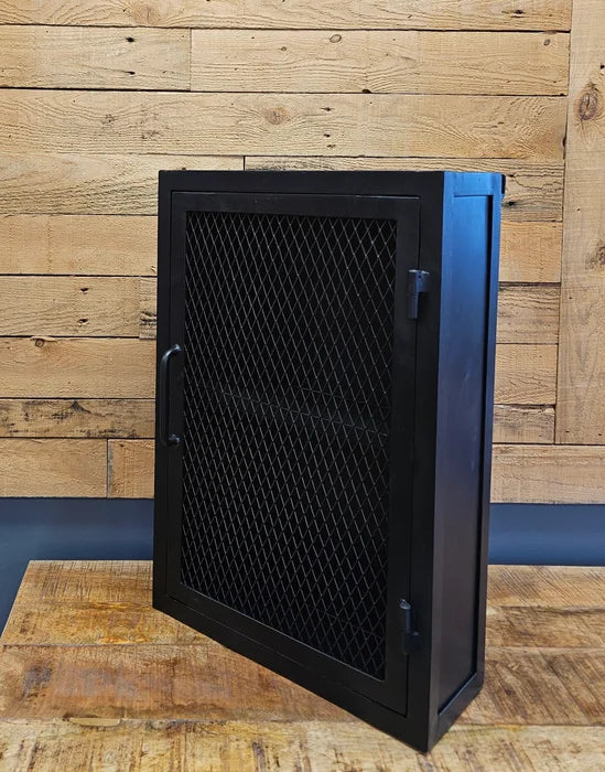 Étagère mural de rangement acier noir porte en grillage