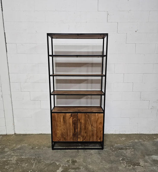 Acacia wood shelf with 2 doors on a black steel structure