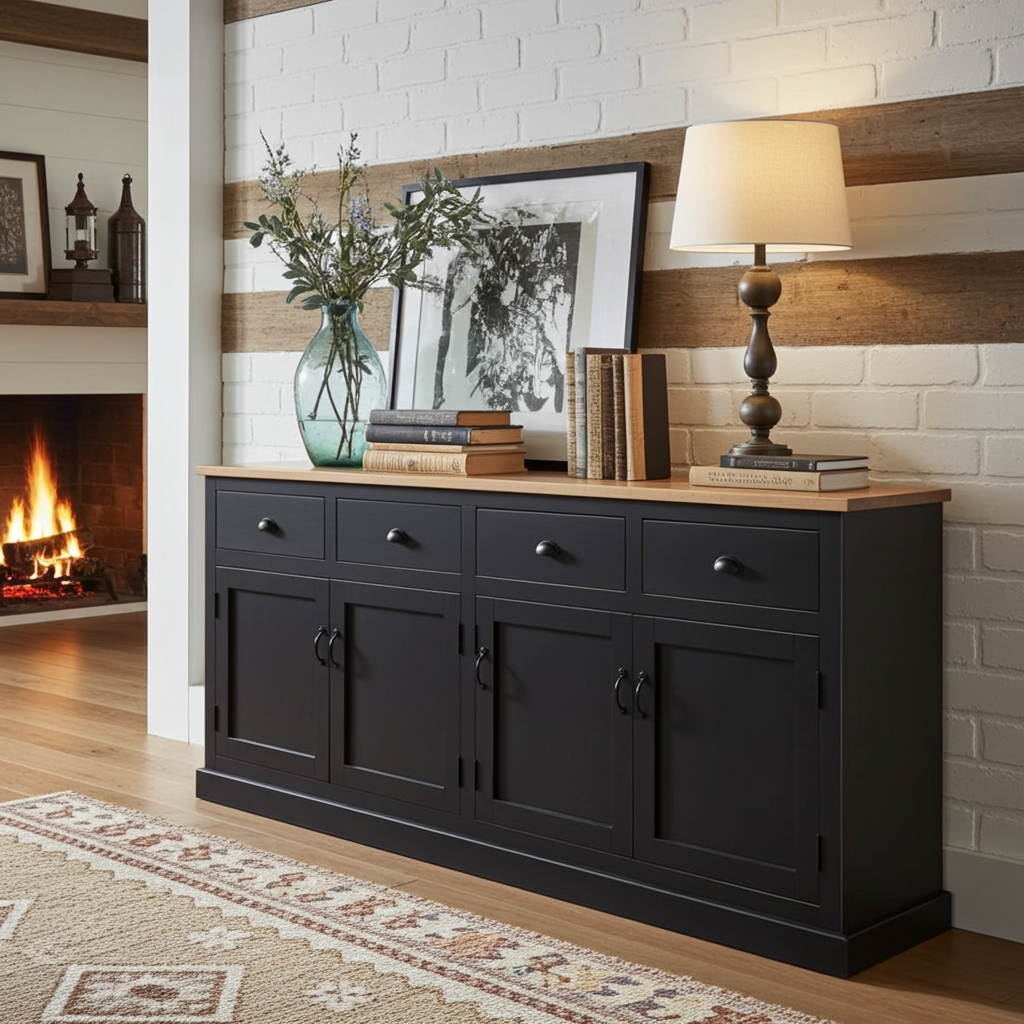 Buffet campagnard en bois de manguier fini noir antique