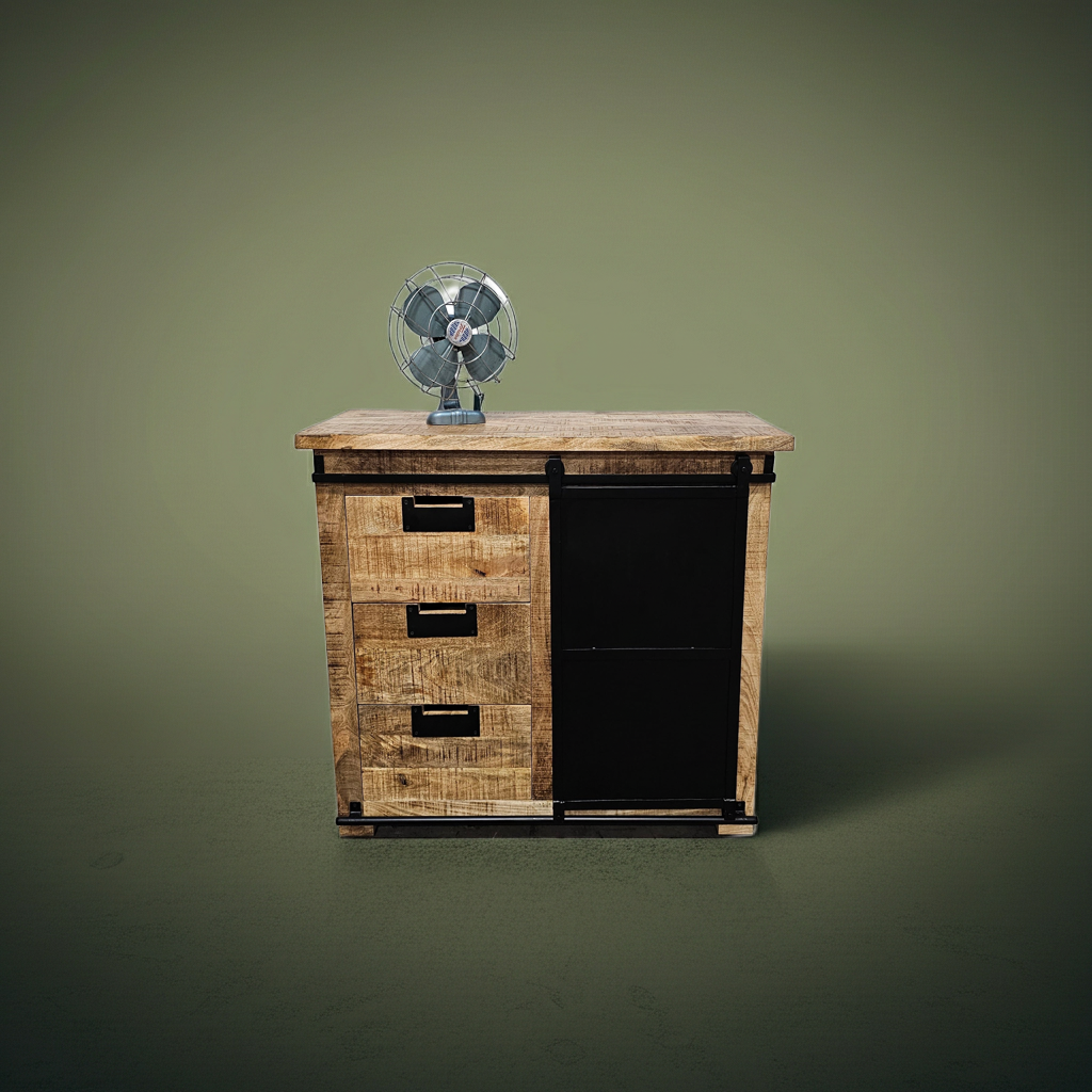 Meuble Commode Raven en bois de manguier porte coulissante en acier noir