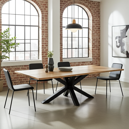 Spider dining table with matte black legs and extendable mango wood top