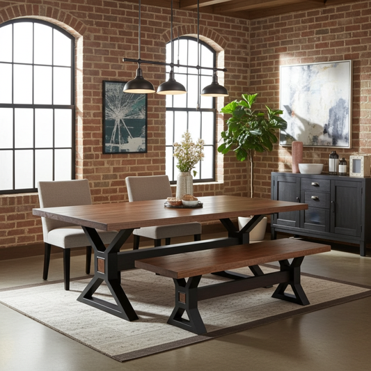 Matte black X-leg dining table with brown acacia top and 1 matte black X-leg bench in brown acacia wood