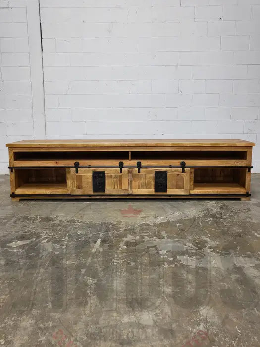 Large Farmhouse TV Stand in Mango Wood with Sliding Doors