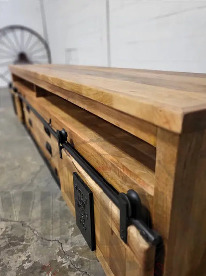 Large Farmhouse TV Stand in Mango Wood with Sliding Doors