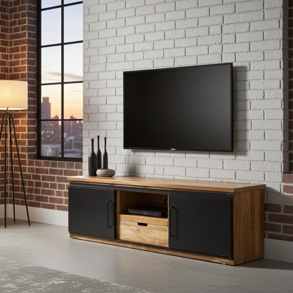 Meuble télé en bois de manguier avec 2 portes coulissantes en acier