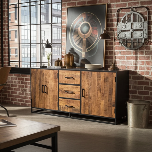 Buffet en bois de manguier et structure d'acier noir