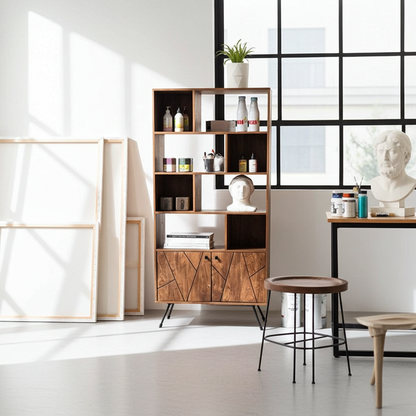 Étagère Mid-Century en bois d'Acacia avec 2 portes