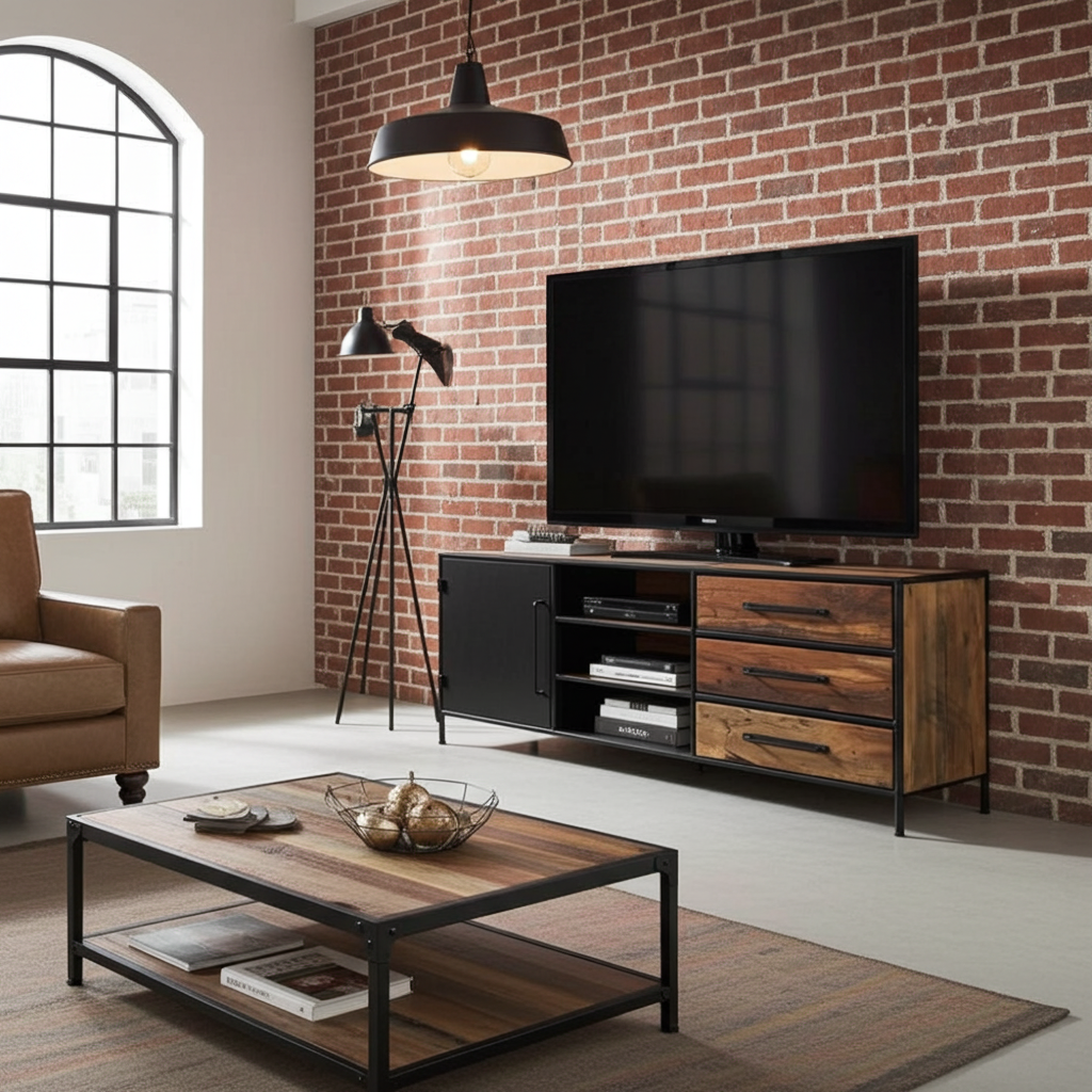 Meuble télé en bois recyclé avec porte en acier et 3 tiroirs