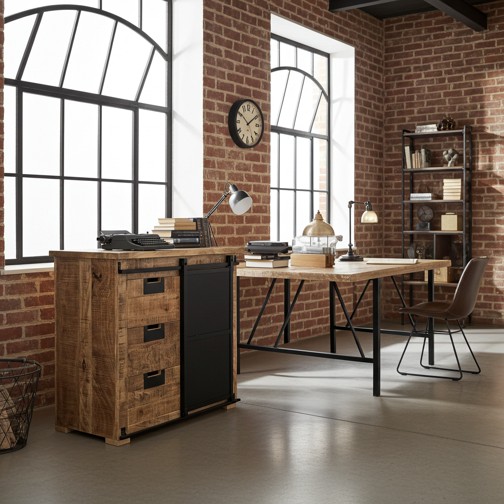 Meuble Commode Raven en bois de manguier porte coulissante en acier noir