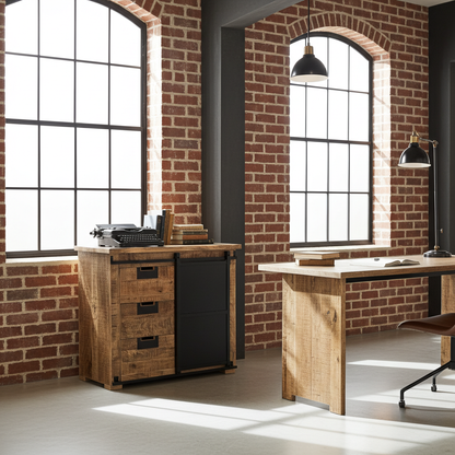 Meuble Commode Raven en bois de manguier porte coulissante en acier noir