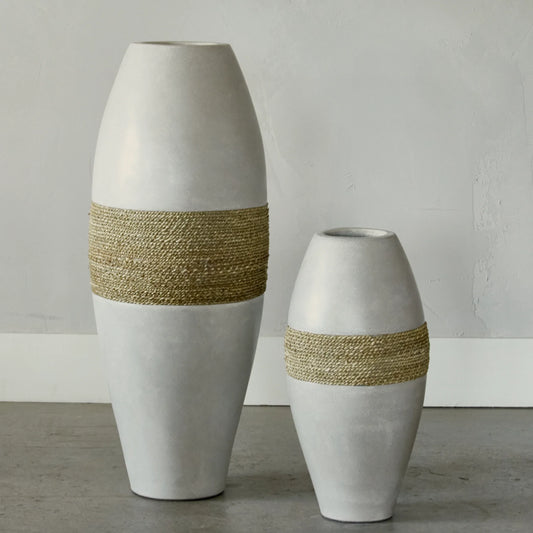 Large decorative vase made of cement and seagrass