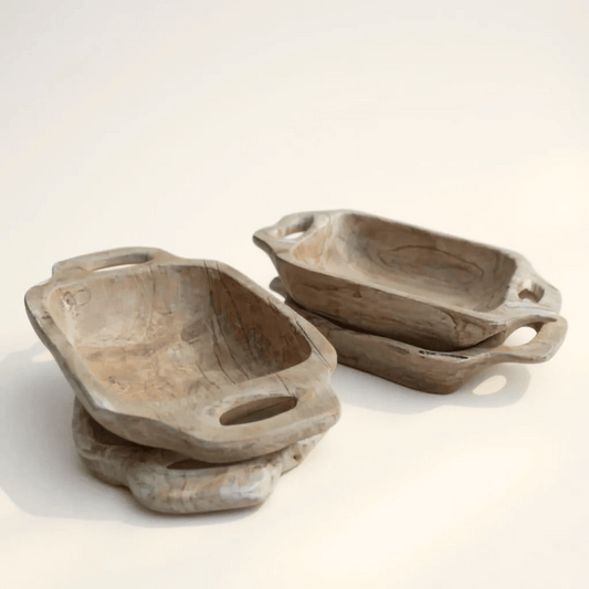 Large antique wooden bowl with handles