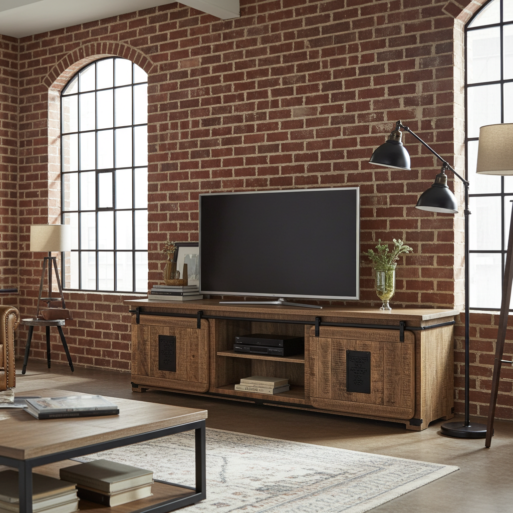 Meuble Télé Farmhouse en bois de manguier brut portes coulissantes