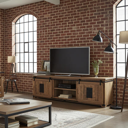 Meuble Télé Farmhouse en bois de manguier brut portes coulissantes