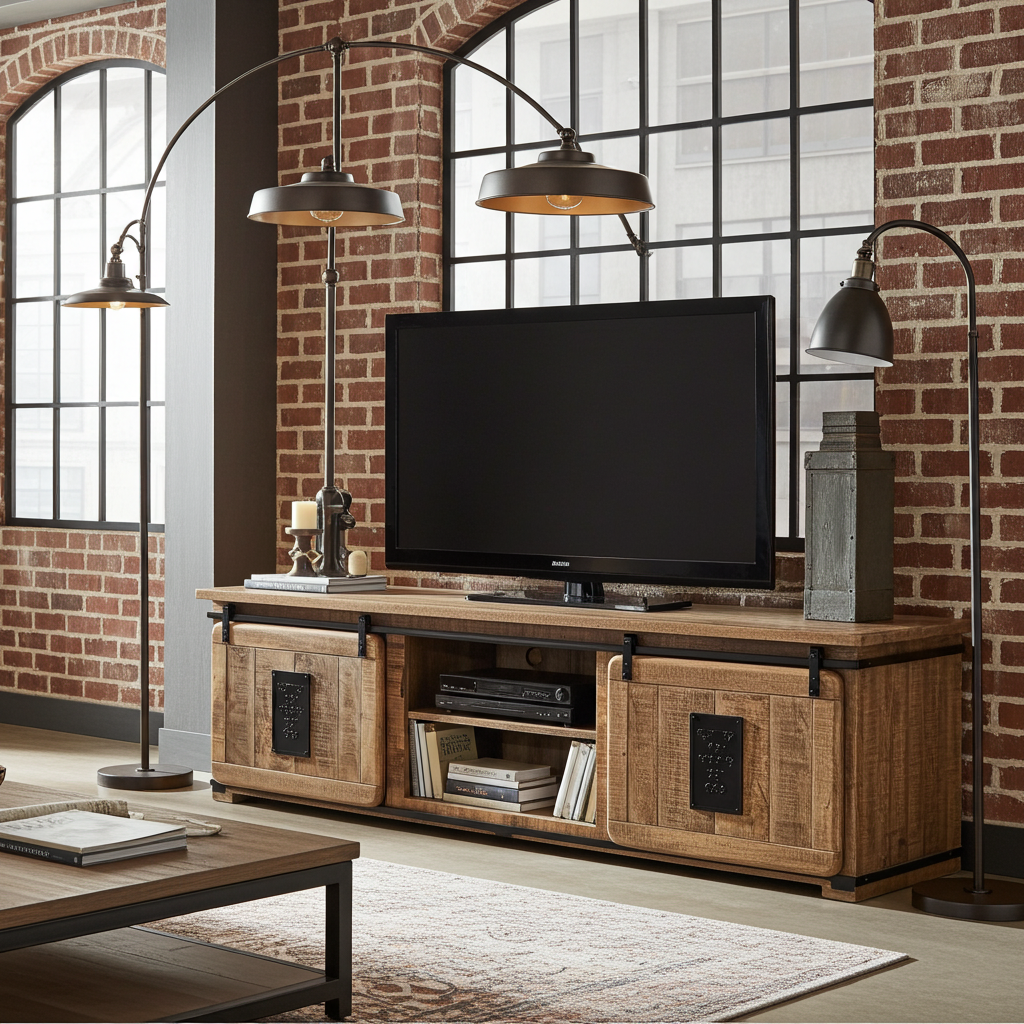 Meuble Télé Farmhouse en bois de manguier brut portes coulissantes