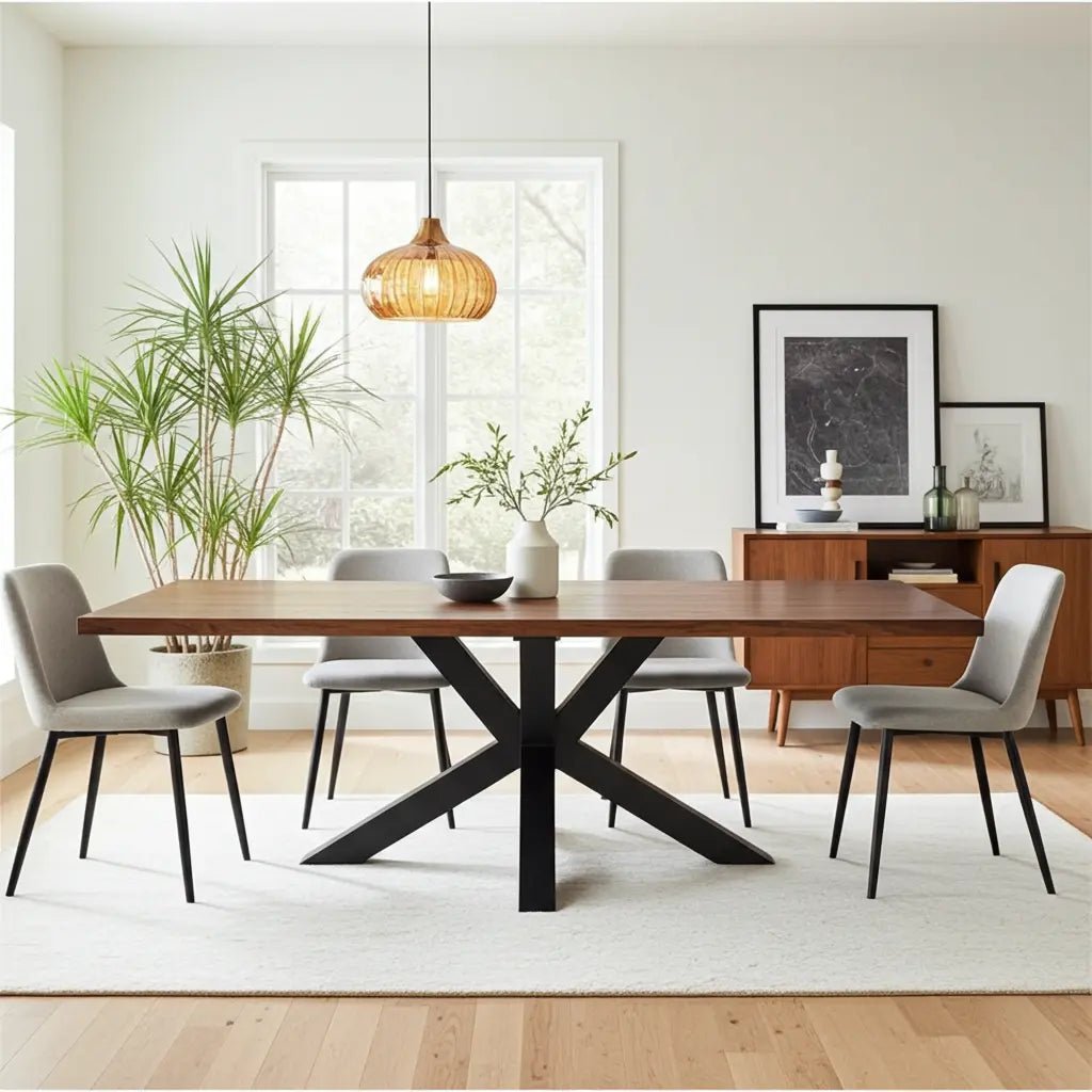 Table à diner patte Spider noir mat avec plateau en bois d'acacia brun Vindus Furniture