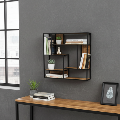 Étagère mural carrée en bois de manguier et acier noir