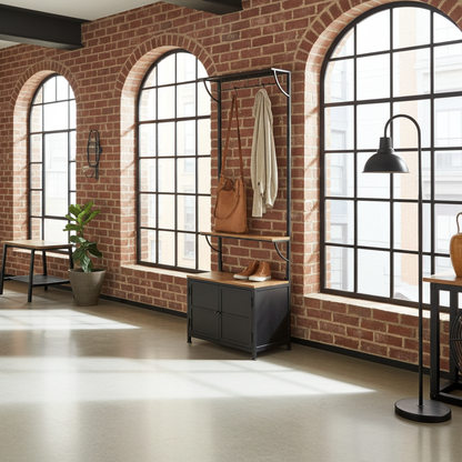 Meubles d'entrée avec banc et rangement, porte-manteau de 32 po, en bois de manguier et acier, meuble avec étagère de rangement et 8 crochets