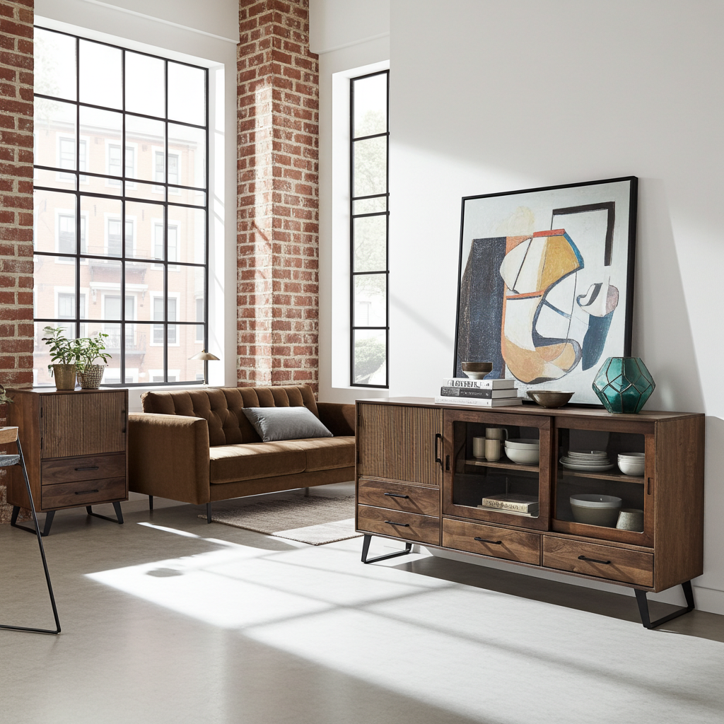 Buffet Arezzo en bois de manguier portes coulissantes vitrées