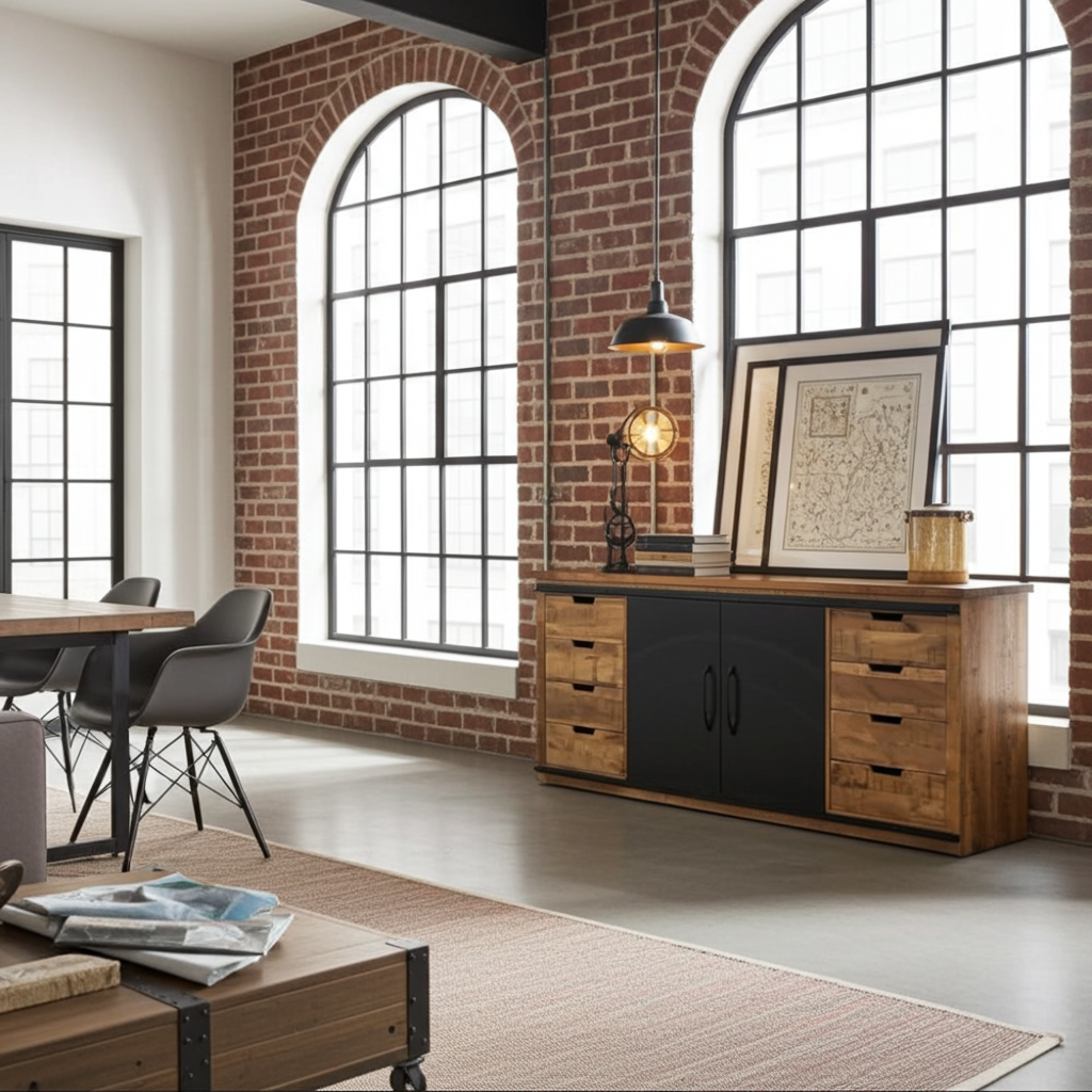 Buffet en bois de manguier avec double portes coulissantes en acier tiroirs naturel