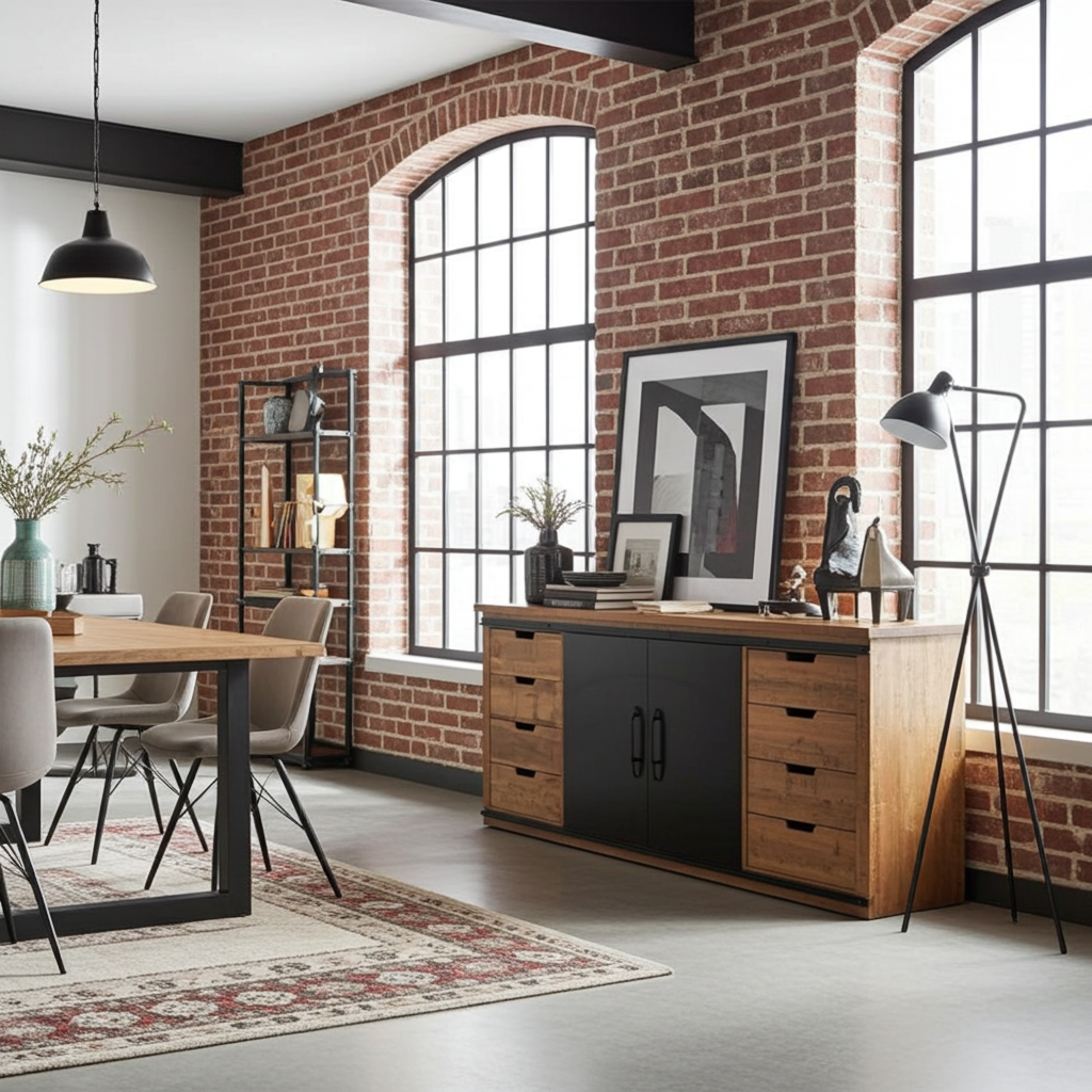 Buffet en bois de manguier avec double portes coulissantes en acier tiroirs naturel