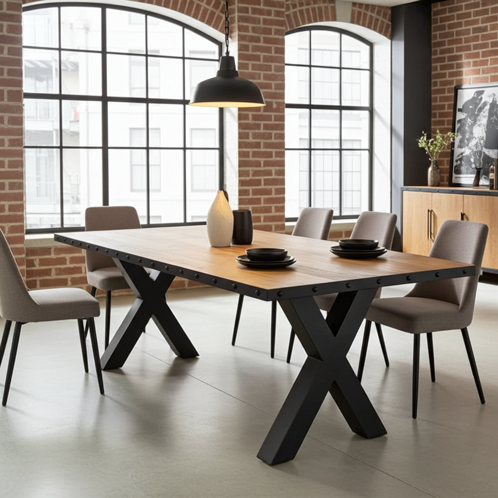 Table à dîner industrielle Pattes en X et son plateau de manguier avec bordure d'acier