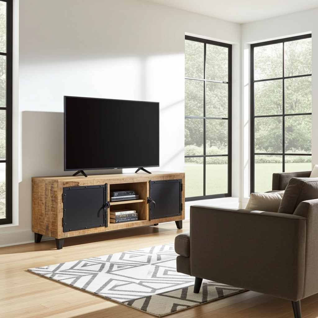 Mango wood TV cabinet with black steel door