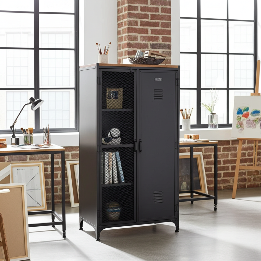 Armoire industrielle style casier avec porte en grillage