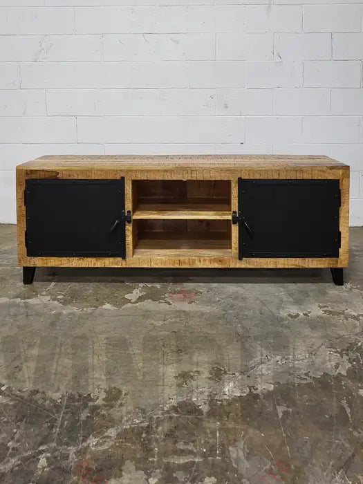 Mango wood TV cabinet with black steel door
