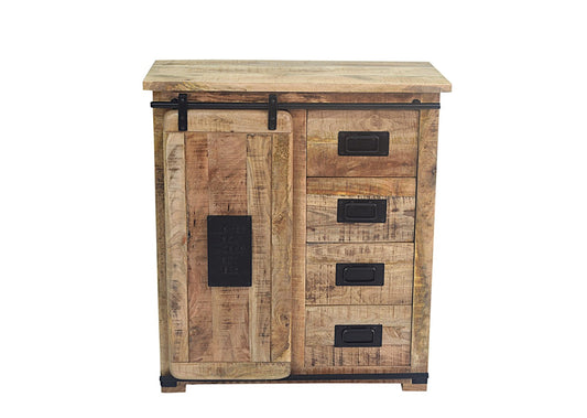 Farmhouse Chest of Drawers in Raw Mango Wood with Sliding Door