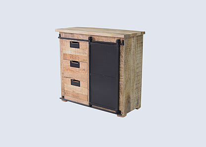 Meuble Commode Raven en bois de manguier porte coulissante en acier noir