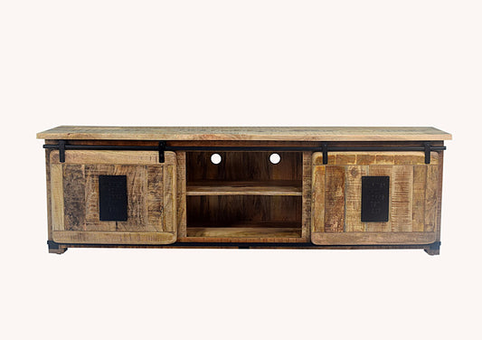 Farmhouse TV cabinet in raw mango wood with sliding doors