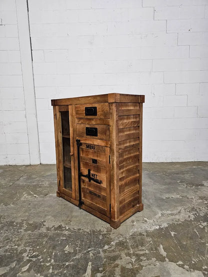 Container-style cabinet made of mango wood with glass door and 2 drawers