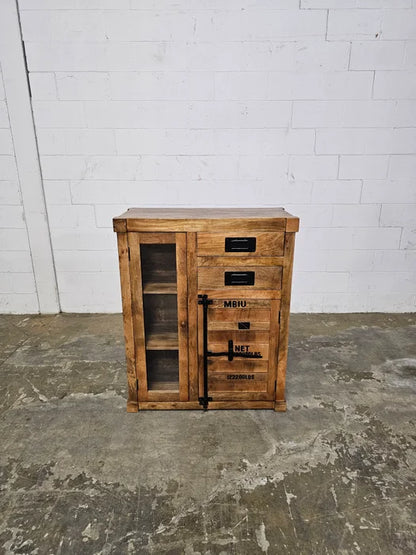 Container-style cabinet made of mango wood with glass door and 2 drawers