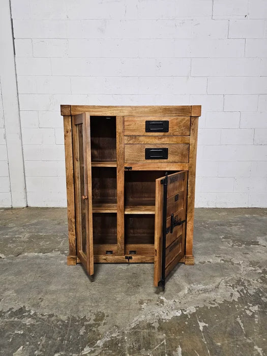 Container-style cabinet made of mango wood with glass door and 2 drawers