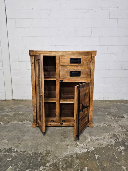 Container-style cabinet made of mango wood with glass door and 2 drawers