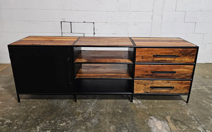 Recycled wood TV cabinet with steel door and 3 drawers